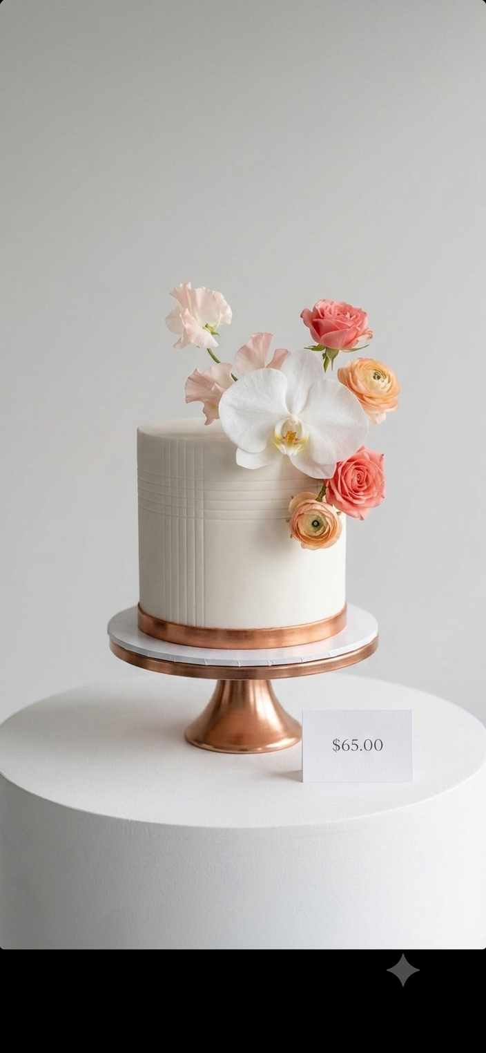 A single-tier white cake with vertical ribbed detailing, decorated with white, pink, and peach flowers, displayed on a rose gold pedestal stand against a light gray background.
