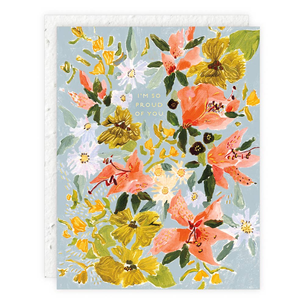 Floral card with colorful flowers on a light blue background
